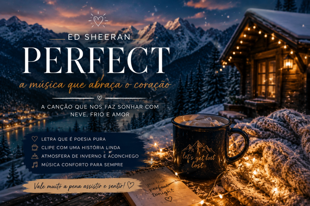 Capa do artigo sobre Perfect de Ed Sheeran com paisagem de neve, chalé e chocolate quente