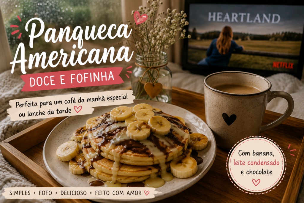 Panqueca americana fofinha com banana, leite condensado e chocolate em calda
