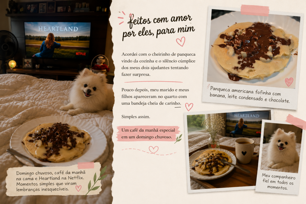Colagem de fotos do café da manhã especial na cama com panqueca americana, o lulu Steve e Heartland na Netflix