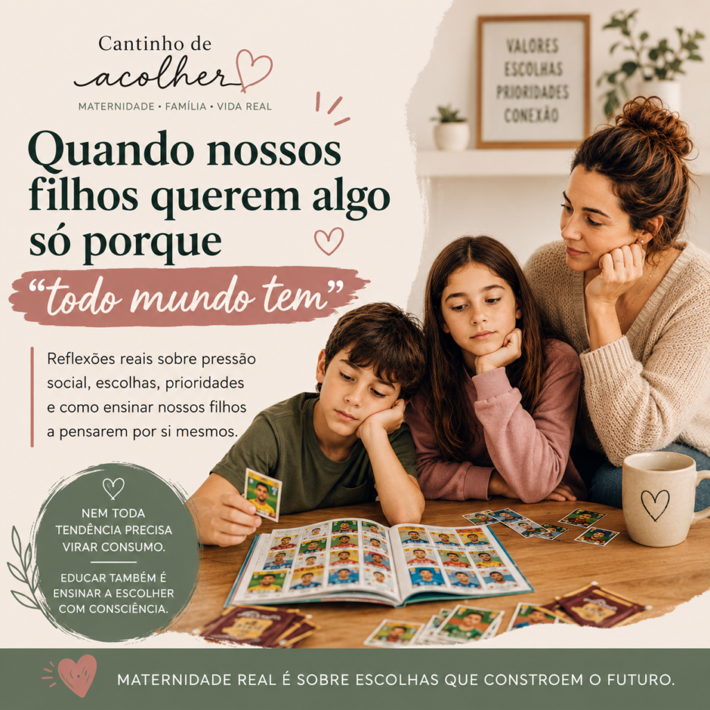 Mãe e dois filhos olhando álbum de figurinhas da Copa juntos