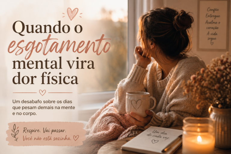 Mulher com chá olhando pela janela — quando o esgotamento mental vira dor física