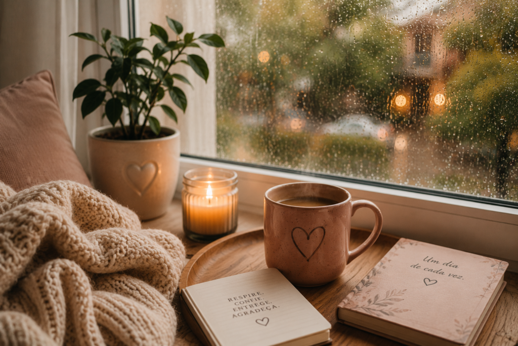 Cantinho acolhedor com manta, café quente e chuva na janela representando descanso mental e conforto emocional.