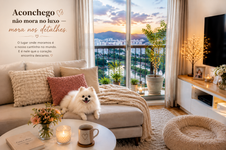 Sala aconchegante com almofadas, mantinha, flores e Lulu da Pomerânia — aconchego não mora no luxo mora nos detalhes