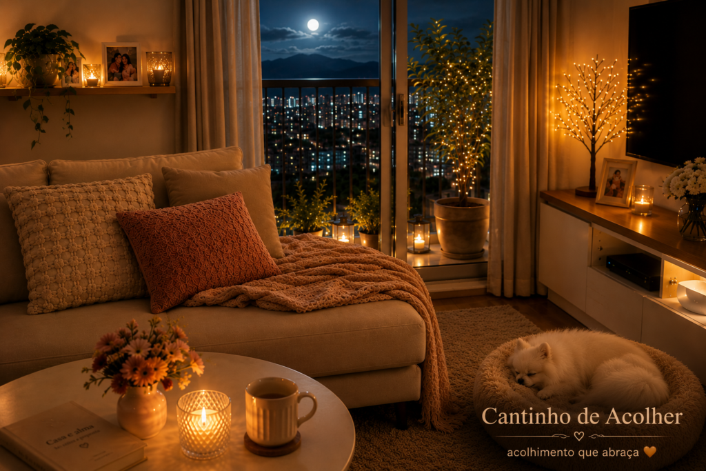 Sala acolhedora com iluminação suave e cachorro dormindo — detalhes que transformam a casa em lar