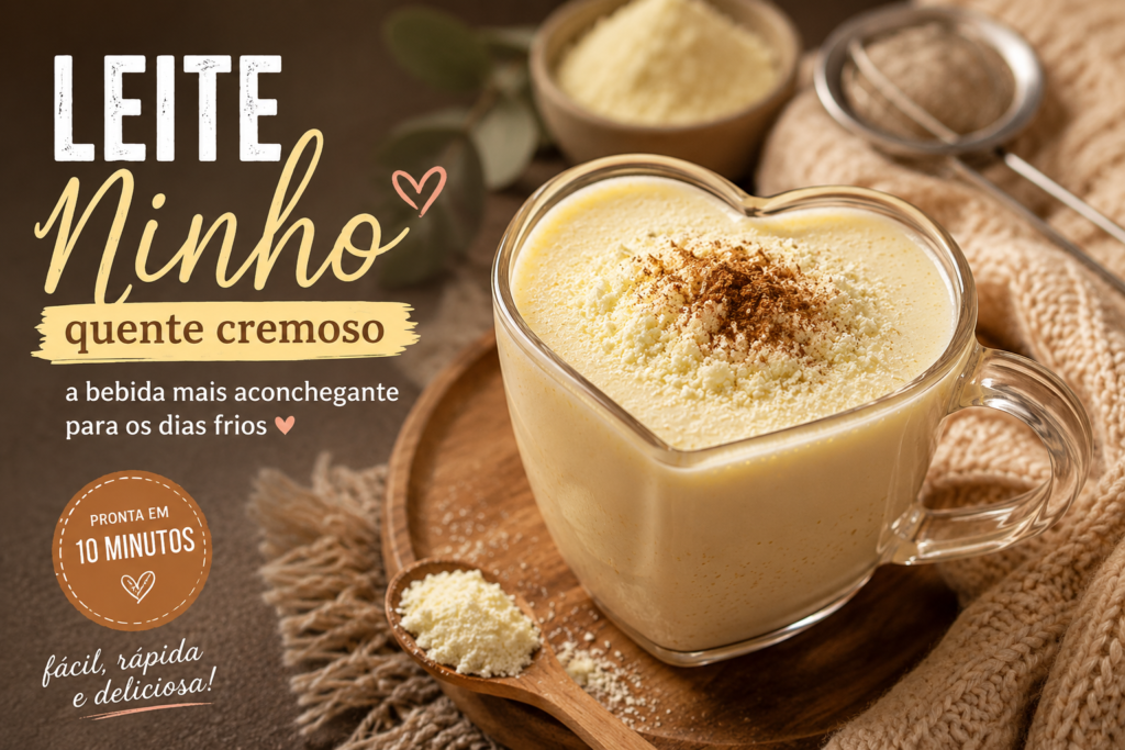 Caneca de leite Ninho quente cremoso em ambiente aconchegante com manta e iluminação acolhedora