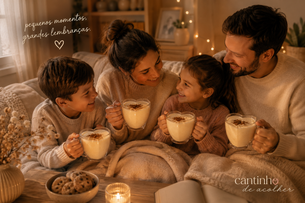 Família reunida tomando leite Ninho quente cremoso em uma noite aconchegante