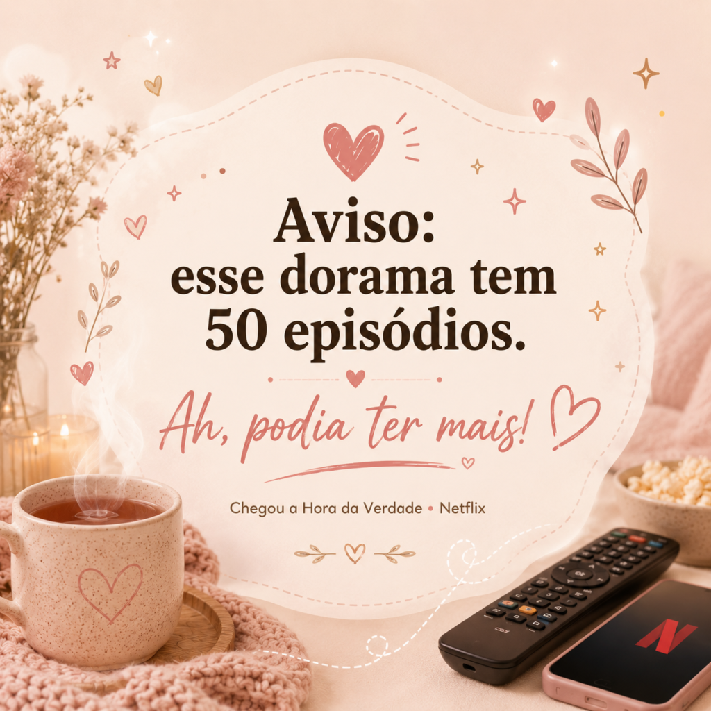Imagem com fundo bege rosado e texto: Aviso, esse dorama tem 50 episódios. Ah, podia ter mais! — Chegou a Hora da Verdade na Netflix