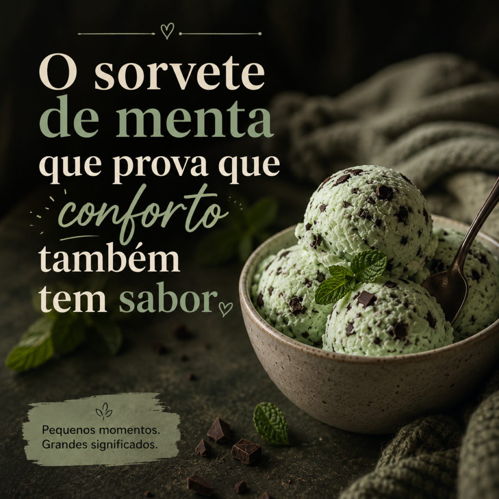 Sorvete de menta com gotas de chocolate em uma tigela rústica — artigo sobre pequenos confortos e mimos da vida adulta