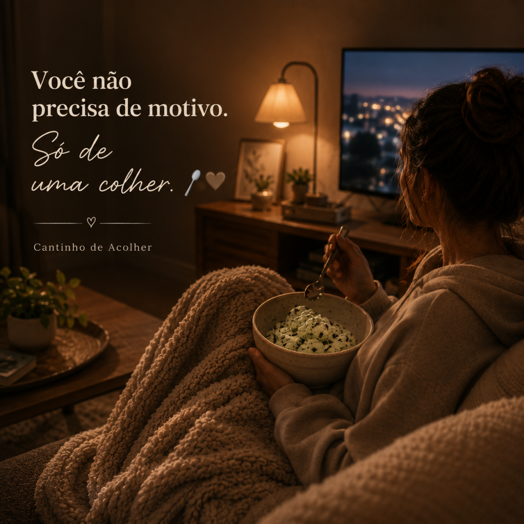 Mulher no sofá com manta aconchegante comendo sorvete de menta assistindo TV — sobre pequenos confortos e mimos da vida adulta