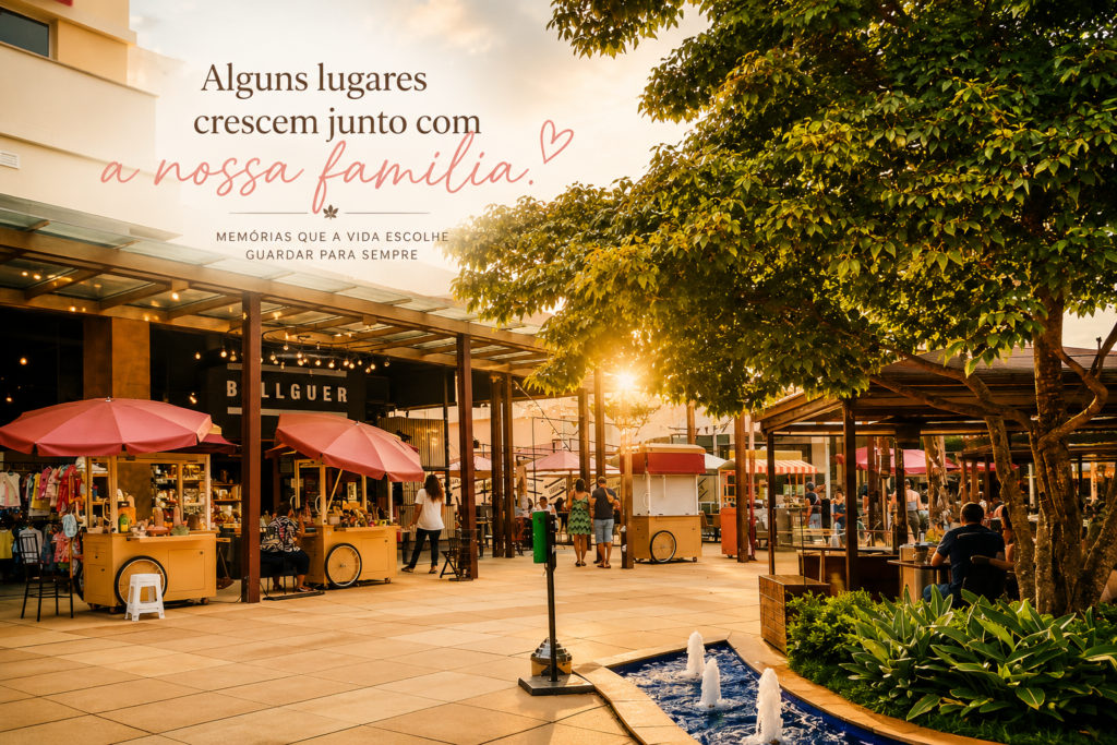 Vista do Open Mall The Square em Cotia ao entardecer com feirinha, carrinhos coloridos e fonte — passeio em família perto de São Paulo