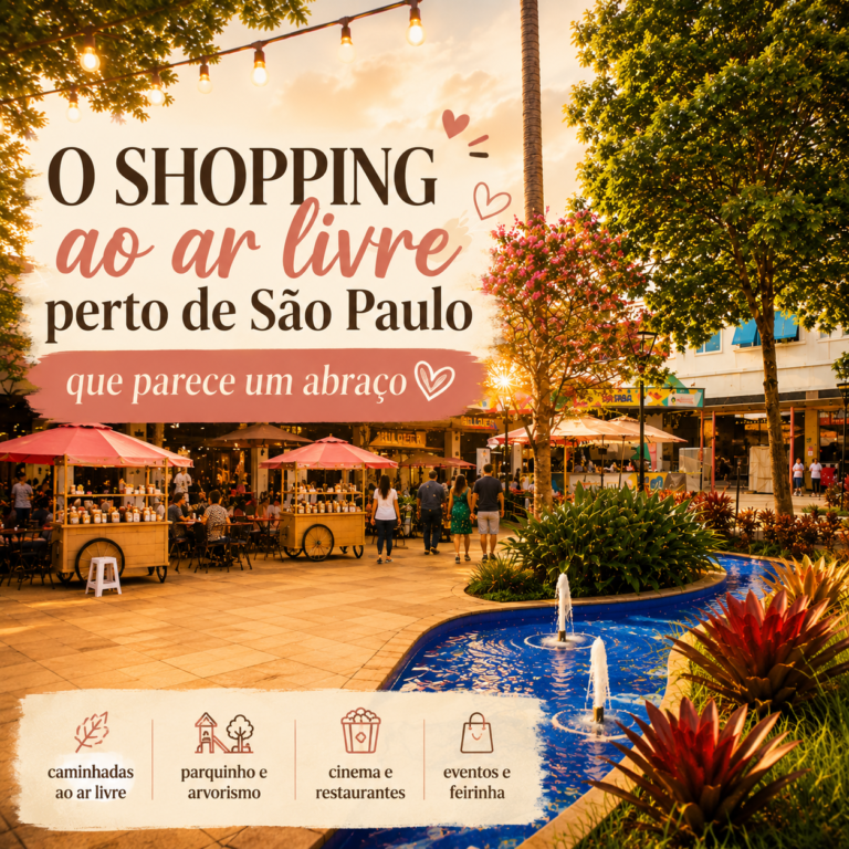 Capa do artigo sobre o Open Mall The Square em Cotia — shopping ao ar livre perto de São Paulo com feirinha, fonte e luz dourada ao entardecer