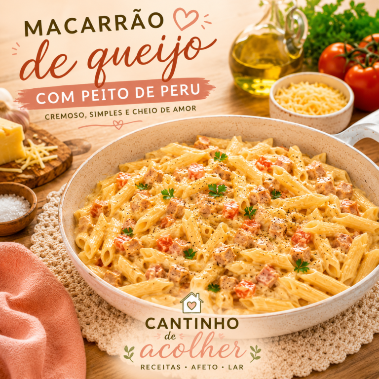 Macarrão cremoso de queijo com peito de peru servido em panela rústica, com ingredientes ao redor — receita afetiva do blog Cantinho de Acolher.