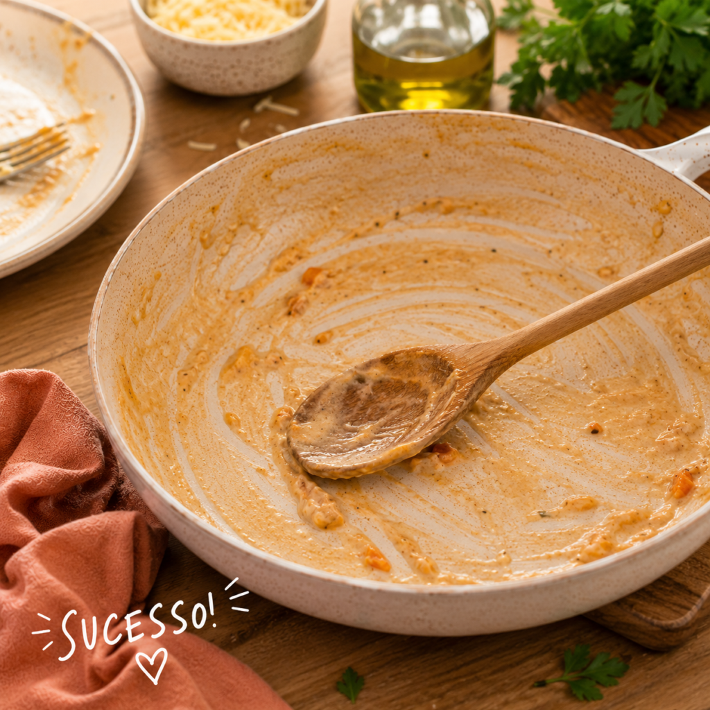Panela vazia do macarrão cremoso de queijo com a colher de pau no fundo — sinal de receita aprovada pela família. Blog Cantinho de Acolher.