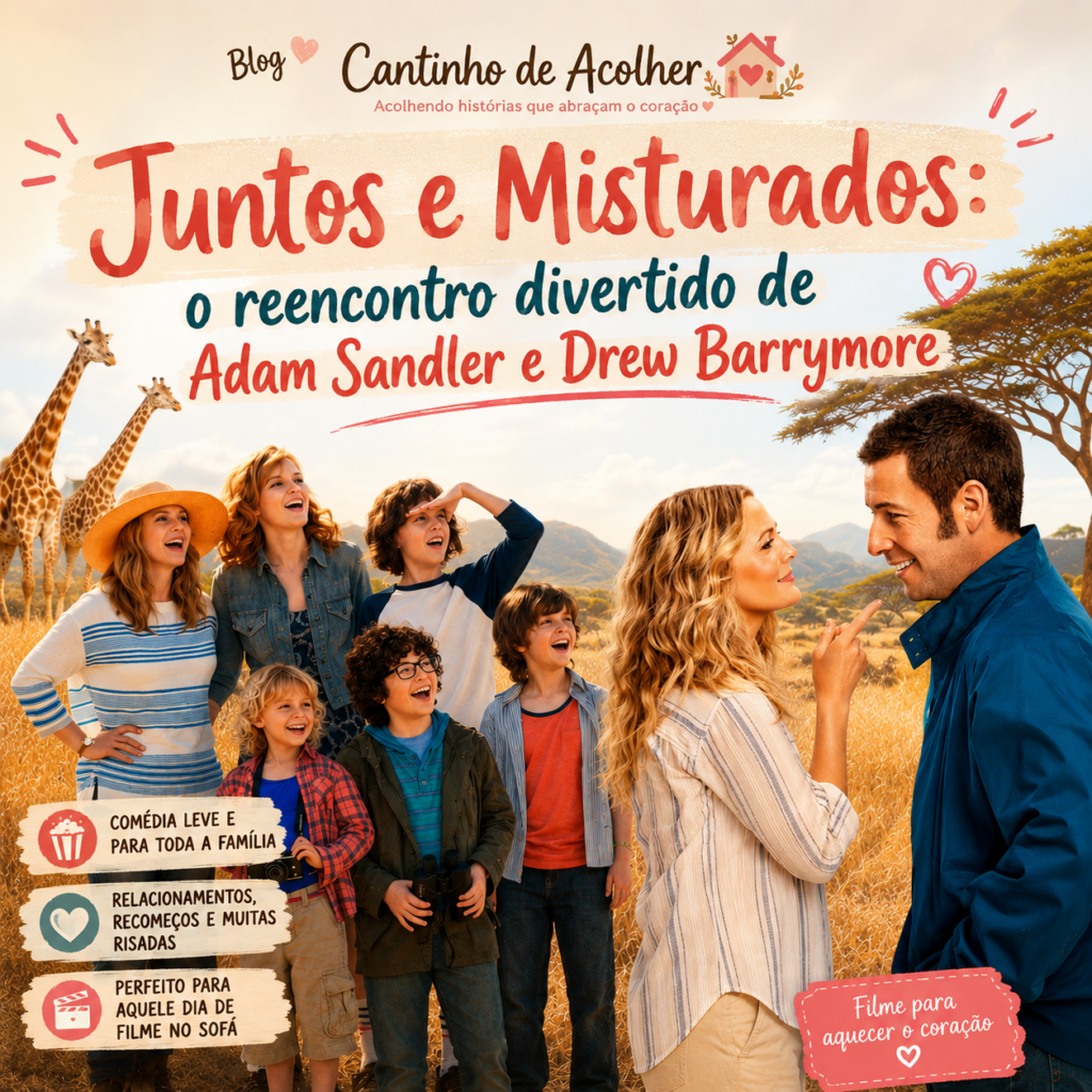 Capa do artigo Juntos e Misturados com Adam Sandler e Drew Barrymore em uma arte divertida inspirada no filme