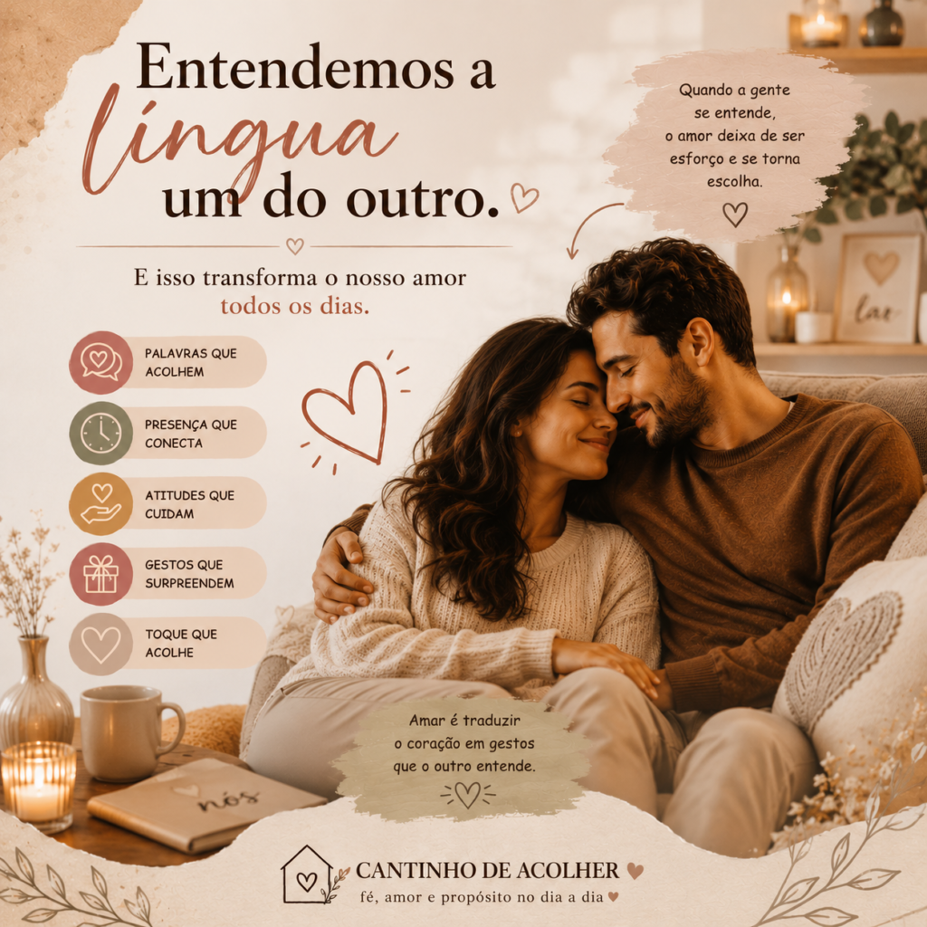Casal abraçado no sofá ao lado de uma lista com as cinco linguagens do amor: palavras que acolhem, presença que conecta, atitudes que cuidam, gestos que surpreendem e toque que acolhe.