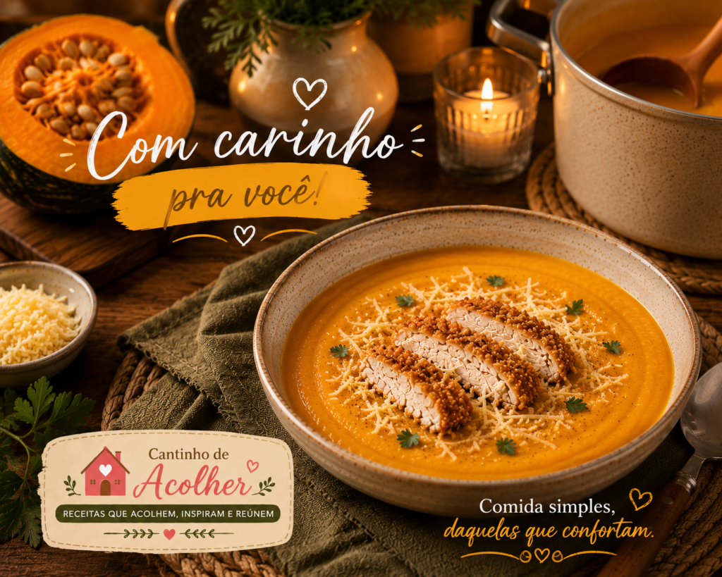 Caldo de abóbora cabotiá cremoso com queijo ralado servido com carinho
