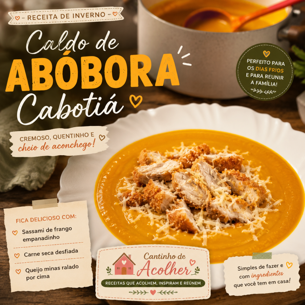 Caldo de abóbora cabotiá cremoso servido em prato branco com queijo ralado por cima