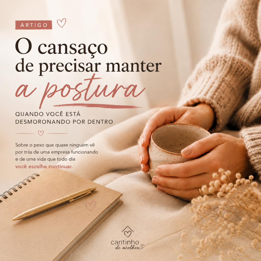 Mulher segurando uma xícara de café com as duas mãos, em ambiente aconchegante, ao lado de um caderno e flores secas — representando o cansaço emocional de quem mantém a postura.