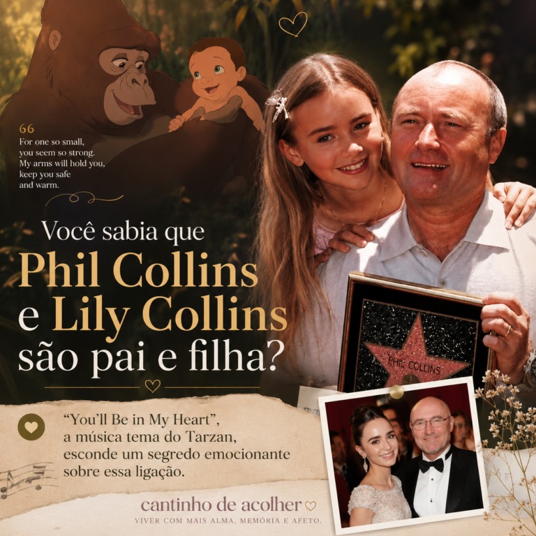 Capa do artigo com foto de Phil Collins e Lily Collins criança, a cena da Kala com o bebê Tarzan e o título do artigo