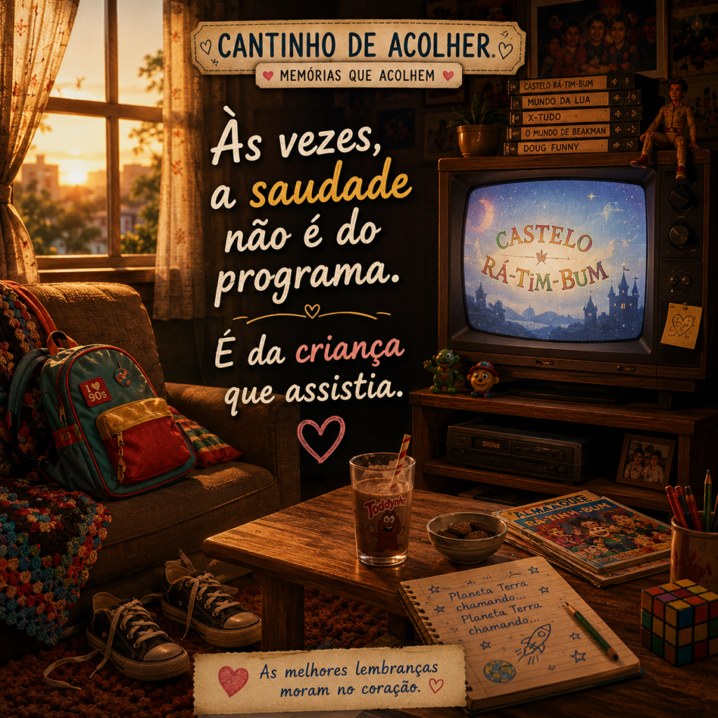 Sala aconchegante com televisão antiga exibindo Castelo Rá-Tim-Bum, trazendo memórias da infância e nostalgia da TV Cultura.