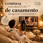 Casal assistindo comédias românticas de casamento em uma noite aconchegante com café e coberta.
