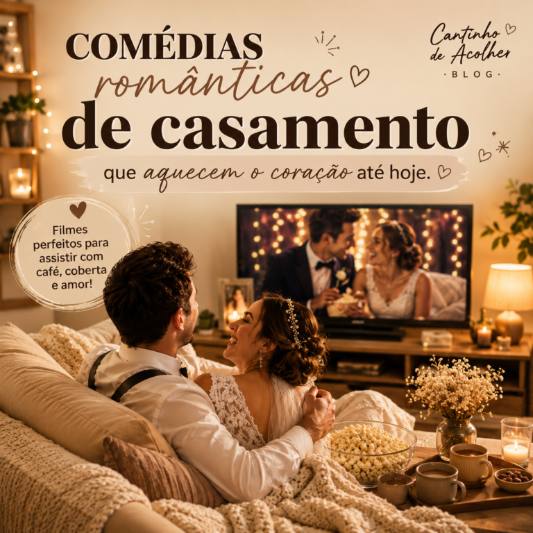 Casal assistindo comédias românticas de casamento em uma noite aconchegante com café e coberta.