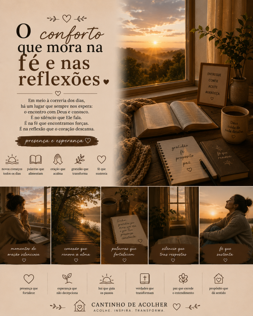 O conforto que mora na fé e nas reflexões — oração, gratidão, Bíblia aberta e paz espiritual que sustenta a vida