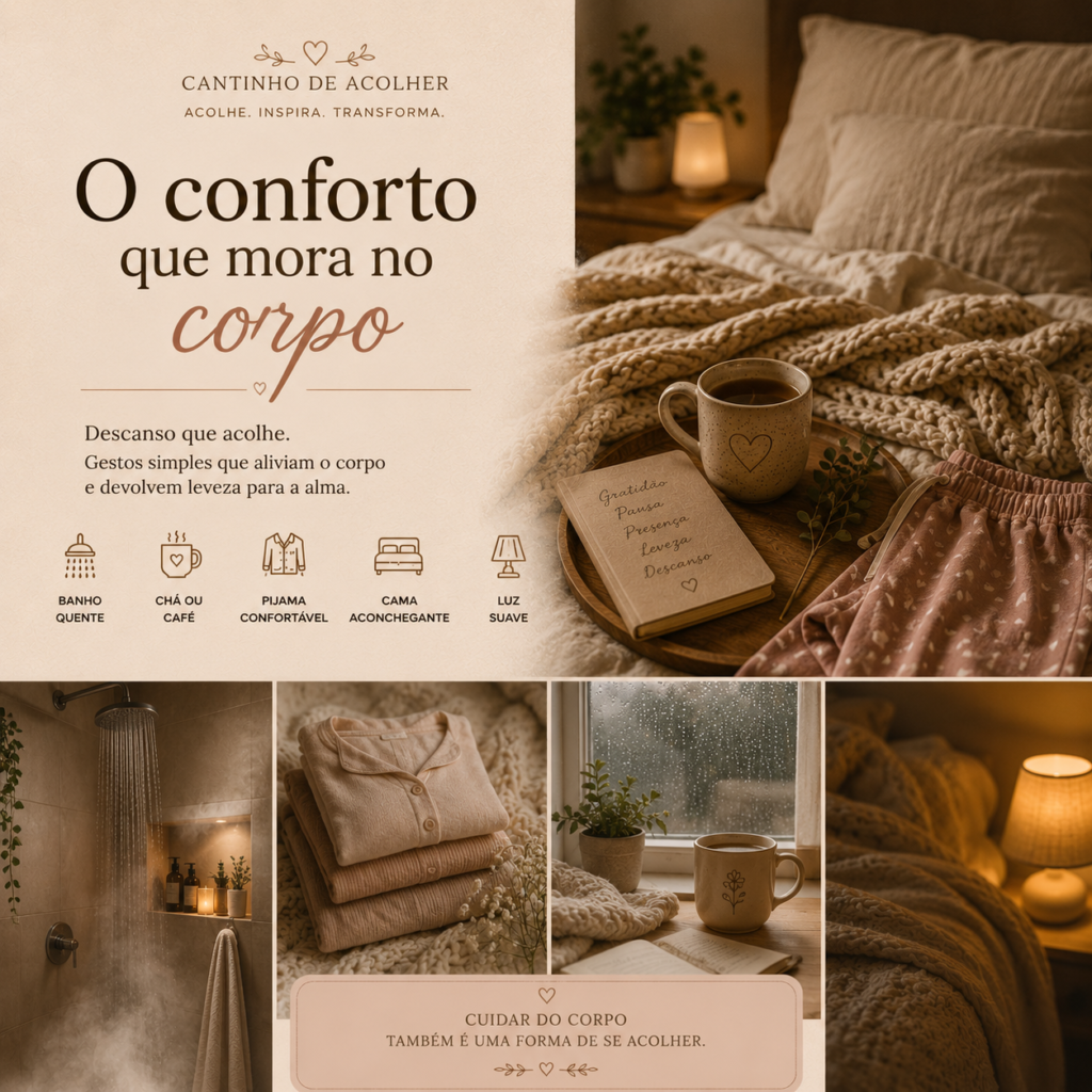 O conforto que mora no corpo — banho quente, coberta quentinha, pijama e pequenos confortos que acolhem o coração