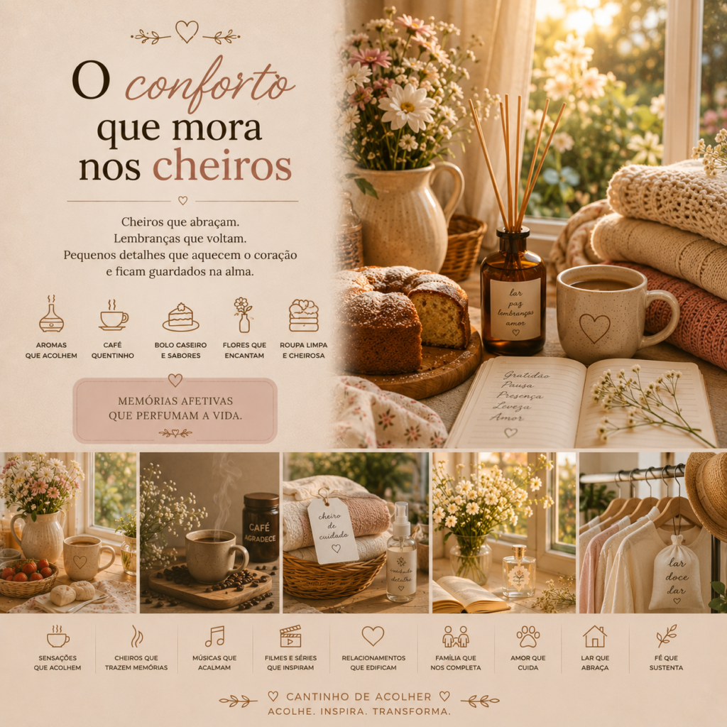 O conforto que mora nos cheiros — café, bolo no forno, vela aromática e aromas que acolhem a memória e o coração