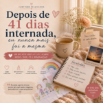 Capa acolhedora do artigo “Depois de 41 dias internada, eu nunca mais fui a mesma”, com flores, desenhos infantis, caderno de gratidão e elementos que representam fé, recuperação e recomeço.