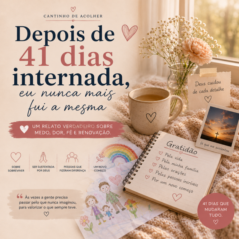 Capa acolhedora do artigo “Depois de 41 dias internada, eu nunca mais fui a mesma”, com flores, desenhos infantis, caderno de gratidão e elementos que representam fé, recuperação e recomeço.