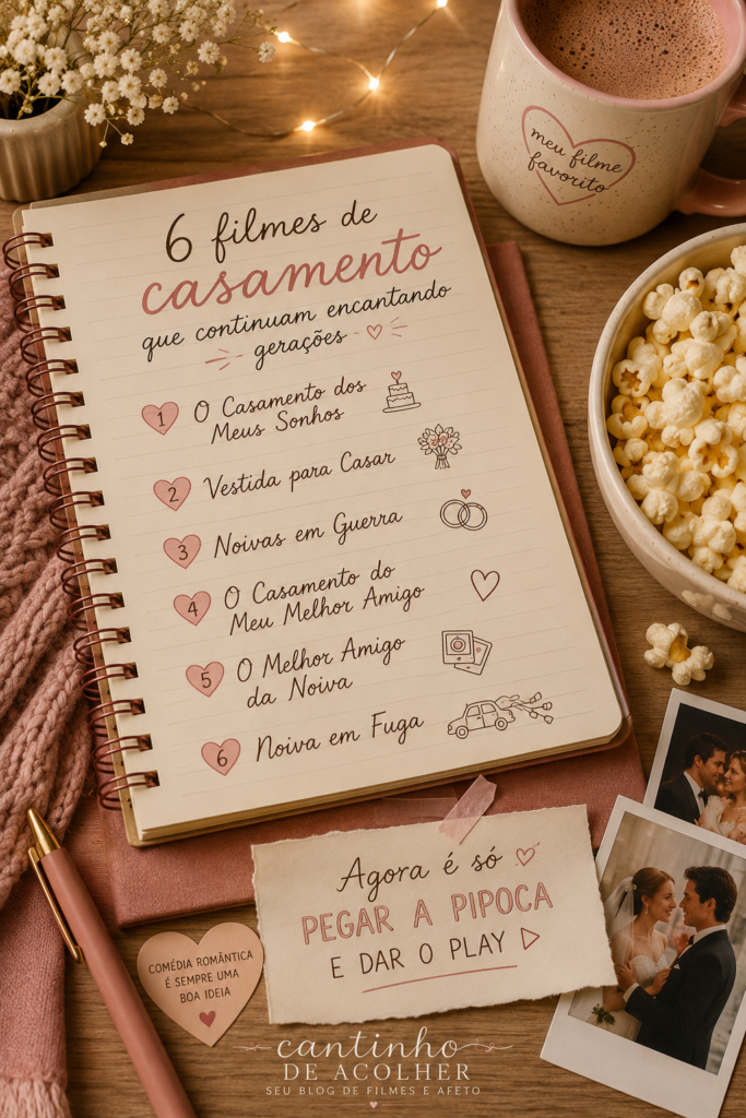 Lista com 6 comédias românticas de casamento para assistir com pipoca, café e clima aconchegante.
