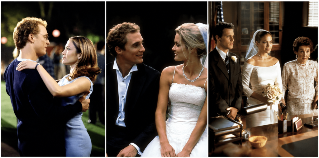 Cenas do filme O Casamento dos Meus Sonhos com Jennifer Lopez e Matthew McConaughey em uma clássica comédia romântica de casamento.