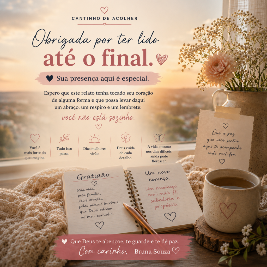 Arte acolhedora de encerramento do artigo sobre internação e recuperação, com mensagem de gratidão, flores, chá e tons suaves transmitindo paz e esperança.