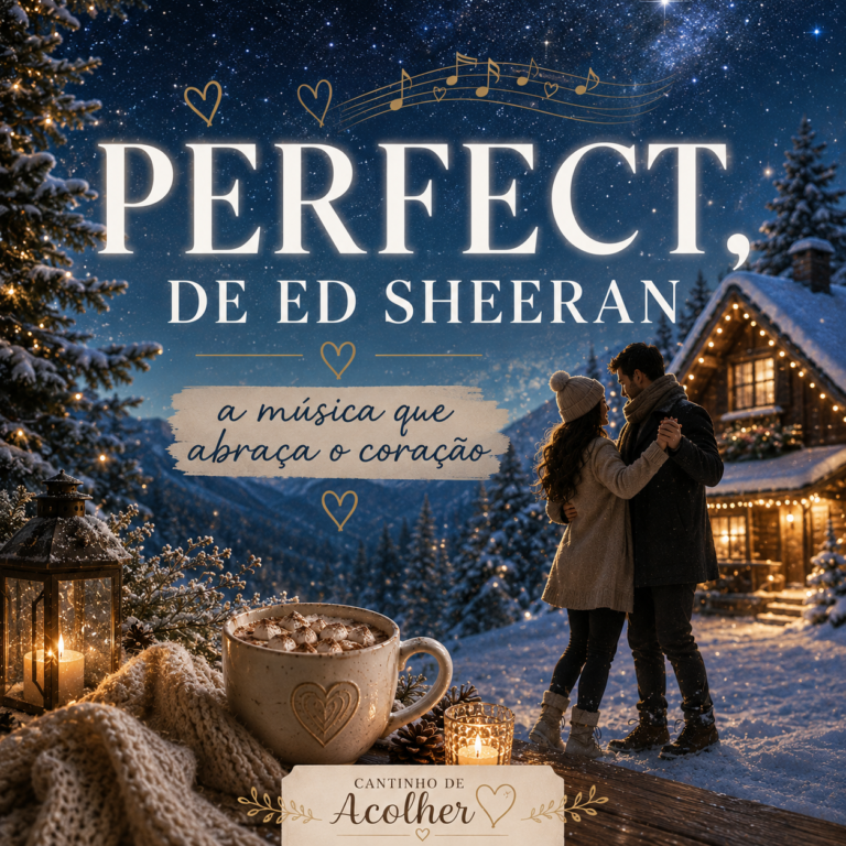 Capa do artigo sobre Perfect, de Ed Sheeran, música romântica que abraça o coração, com clima de inverno, neve, chalé e aconchego.