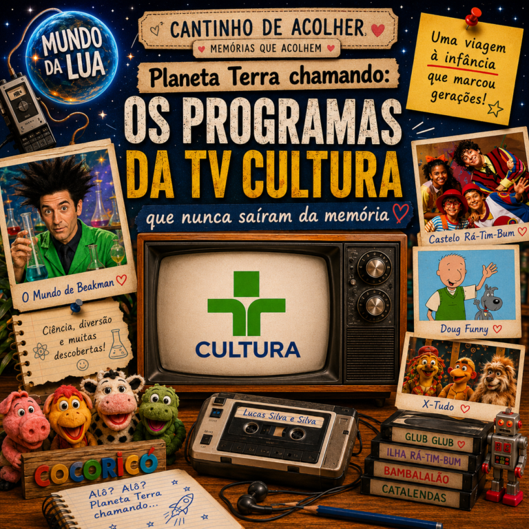Programas da TV Cultura que marcaram a infância de uma geração, com referências a Mundo da Lua, Castelo Rá-Tim-Bum, O Mundo de Beakman, Doug Funny e Cocoricó.