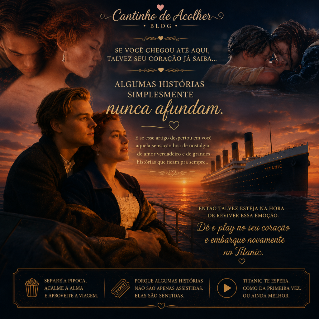 Arte nostálgica inspirada no filme Titanic convidando o leitor a reviver essa história emocionante