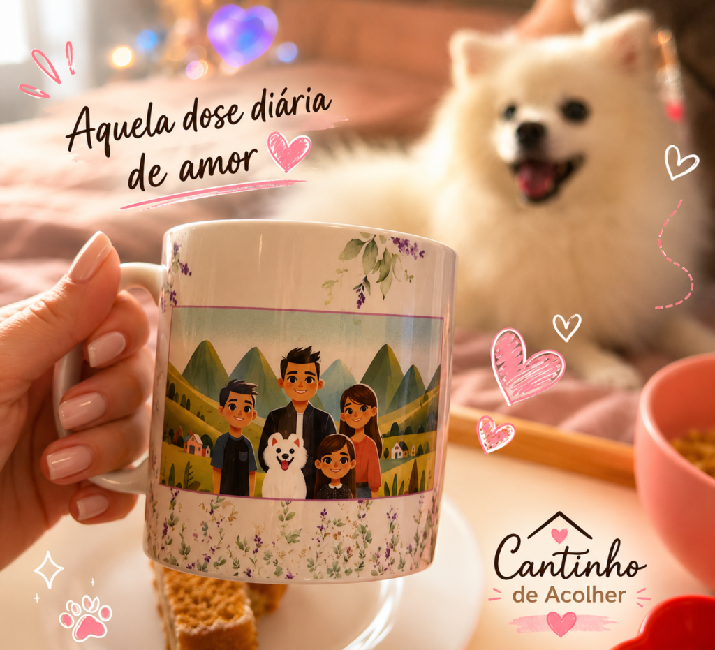Caneca personalizada ao lado de Steve, um Lulu da Pomerânia branco, em um momento aconchegante no blog Cantinho de Acolher