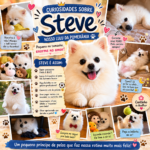 Steve, um Spitz Alemão branco, mostrando sua personalidade divertida em uma colagem fofa com brinquedos e momentos engraçados