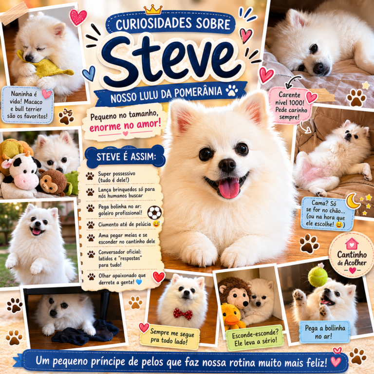 Steve, um Spitz Alemão branco, mostrando sua personalidade divertida em uma colagem fofa com brinquedos e momentos engraçados