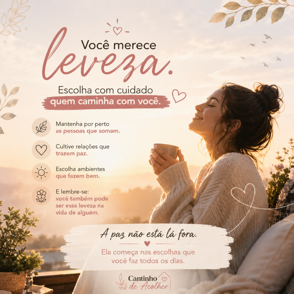 Mulher sorrindo serena ao amanhecer segurando uma xícara representando a leveza de conviver com pessoas que trazem paz