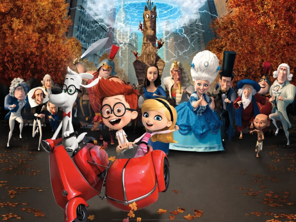 Cena do filme Peabody & Sherman com personagens históricos, viagem no tempo e aventura educativa para crianças.