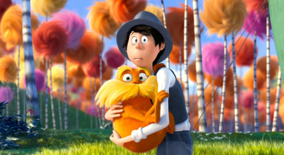 Cena do filme Lorax em meio às árvores Trúfulas, animação infantil sobre meio ambiente e preservação da natureza.
