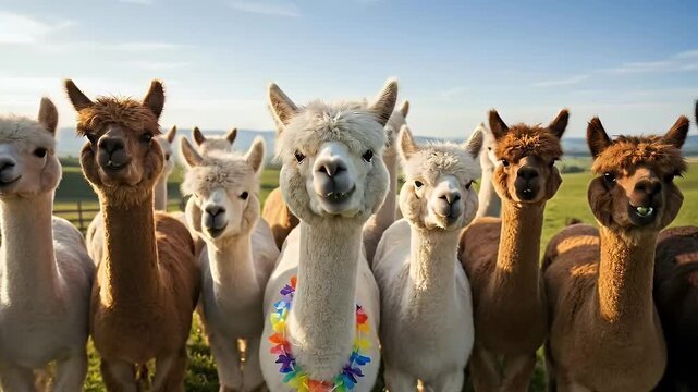 Alpacas em grupo olhando para a câmera, animal que virou tendência na internet como alpaca de estimação