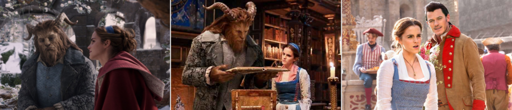 Cenas do live action A Bela e a Fera com Bela, Fera e Gaston