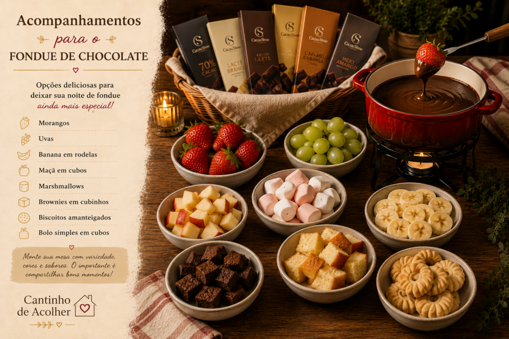 Acompanhamentos para fondue de chocolate com morango, uva, banana, maçã, marshmallow, brownie, bolo simples e biscoitos.