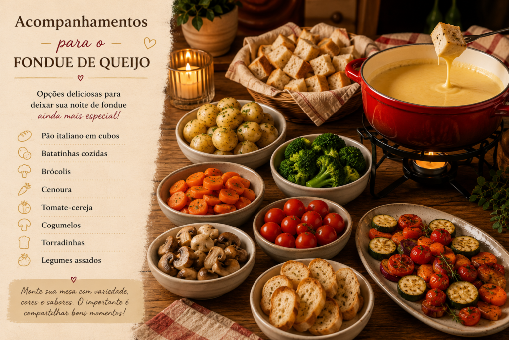 Acompanhamentos para fondue de queijo com pão italiano, batatinhas, brócolis, cenoura, tomate-cereja, cogumelos, torradinhas e legumes assados.