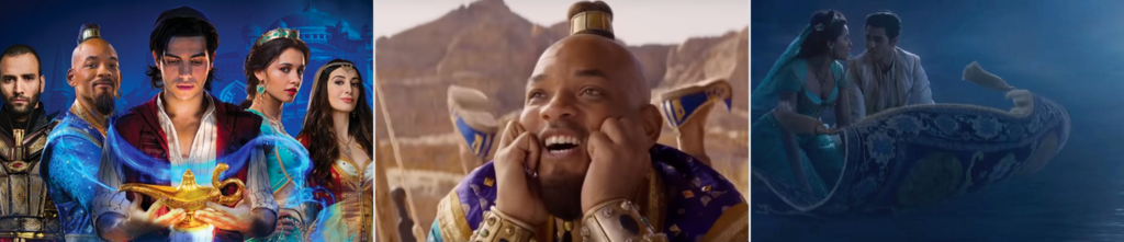Cenas do live action Aladdin com Aladdin, Jasmine e o Gênio