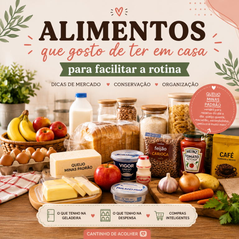 Alimentos para ter em casa e facilitar a rotina organizados em uma bancada, com frutas, ovos, queijo, pão, arroz, feijão, café e itens de geladeira.