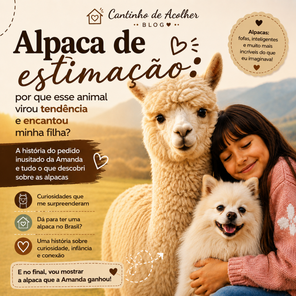 Alpaca de estimação que virou tendência na internet, em capa do blog Cantinho de Acolher com menina, alpaca e cachorro branco.
